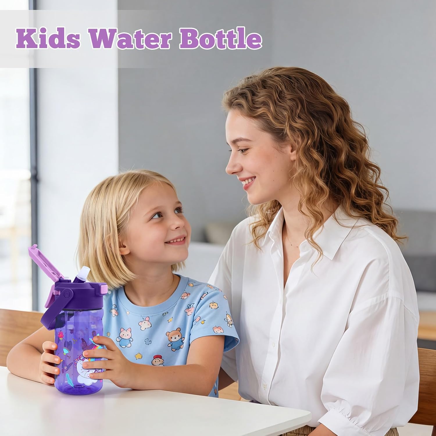 Skiennix 20oz Kids Water Bottle - Leak-Proof Design with Straw, Pop-Up Spout & Detachable Strap - Unicorn