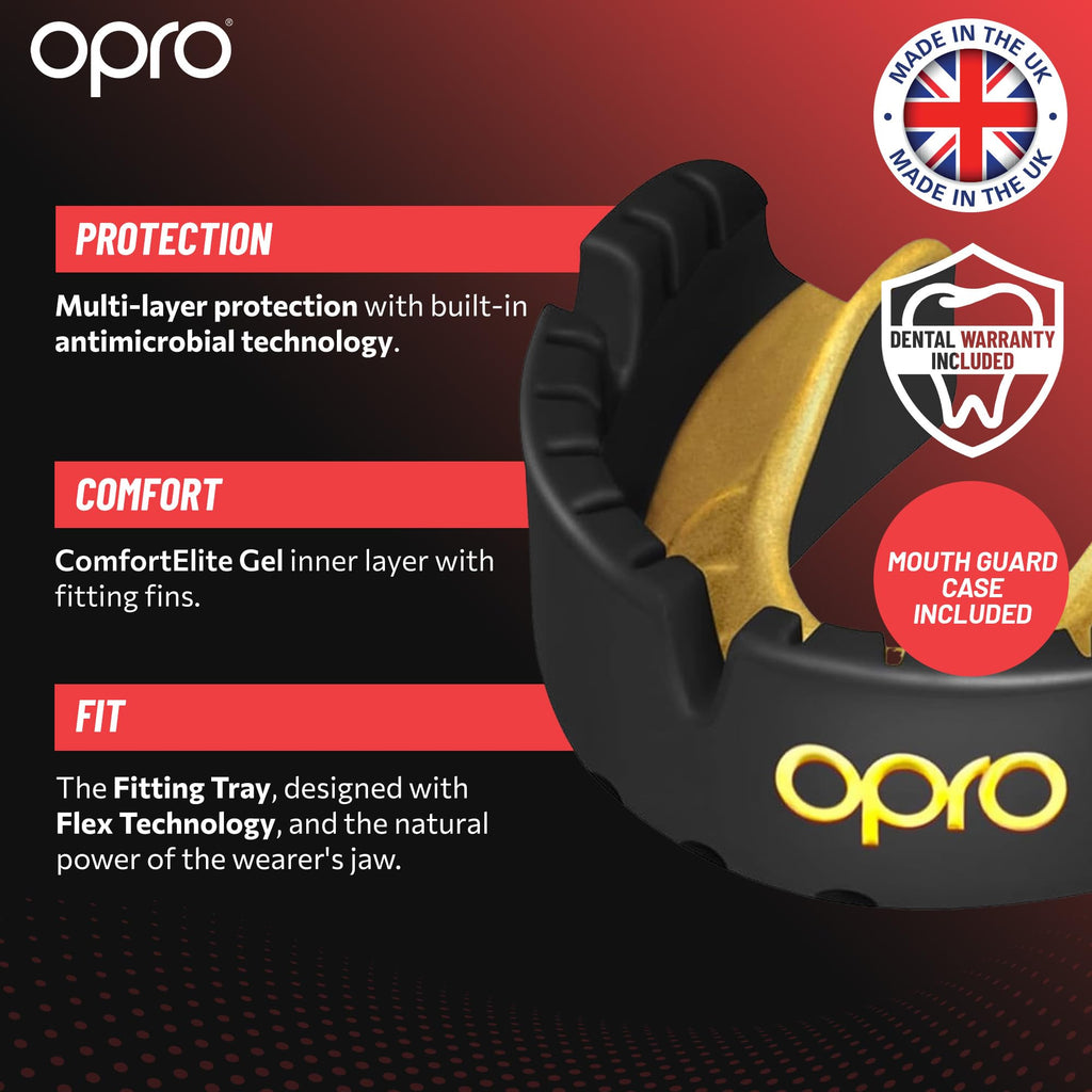 OPRO Gold Level Braces Mouth Guard, Moldable Mouthguard for Comfort & Fit for Boxing, Hockey, MMA, UFC, Football, Braces Protection, Youth & Adult Mouthguard with Case Included, Black
