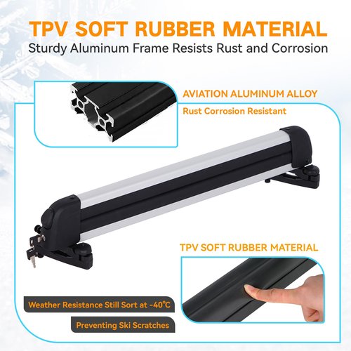 Ski& Snowboard Roof Racks, Ski Roof Racks with Anti-Theft Lock Racks Carrier for Snowboards Universal Ski Top Holder Fits for Square/Aero/Oval Cross Bars, Silver, Large