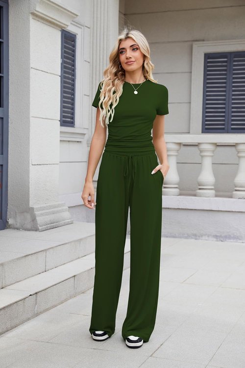 Nimsruc Women's 2-Piece Lounge Set - Summer 2025 Ruched Short Sleeve Top & Wide Leg Pants