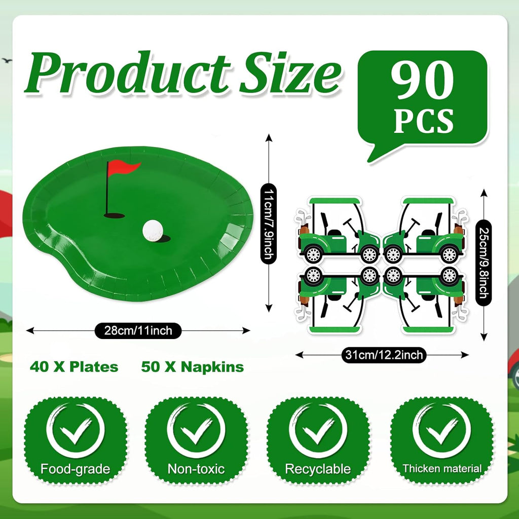 Whaline Golf Party Plates & Napkin Set - 90 Pcs Green Sport Ball Design for Hole in One Celebrations, Serves 40