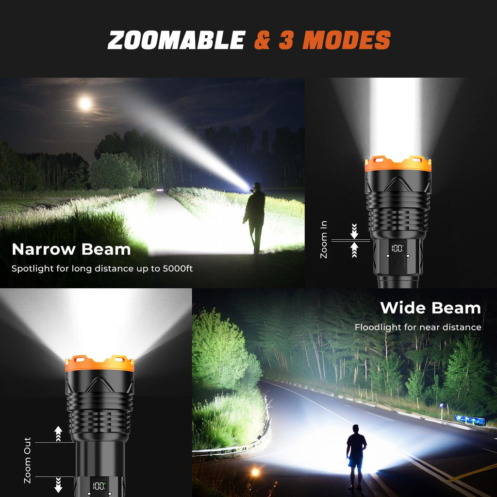 Super Bright Flashlight High Lumens 100000 Rechargeable, Powerful Strong 50W LED, Long Lasting 15 Hours, Quick USB C Charge, Improved Single Click Design 3-Mode, LCD Display & Output, for Hiking Home