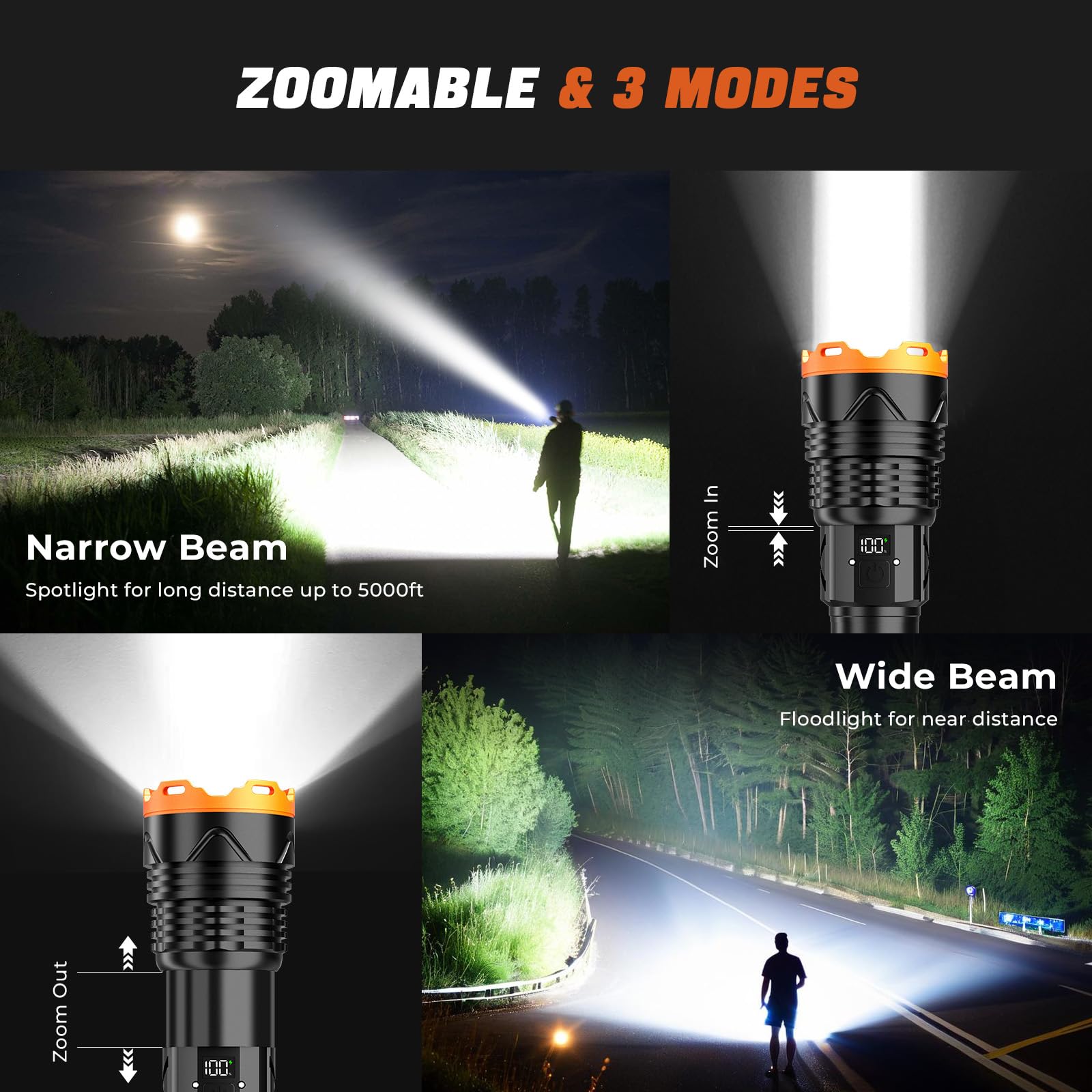 Super Bright Flashlight High Lumens 100000 Rechargeable, Powerful Strong 50W LED, Long Lasting 15 Hours, Quick USB C Charge, Improved Single Click Design 3-Mode, LCD Display & Output, for Hiking Home
