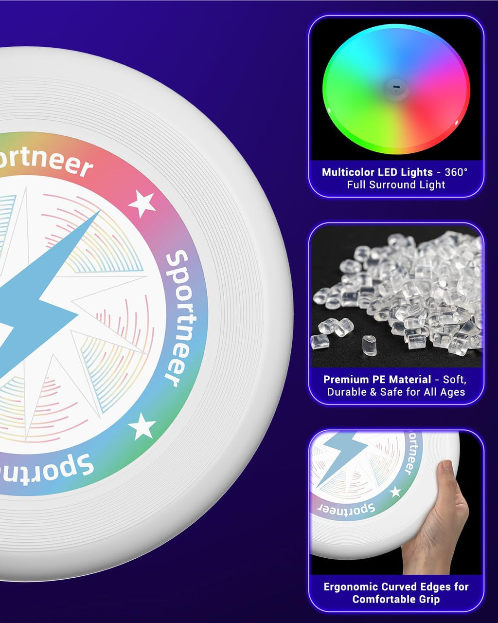 Sportneer LED Flying Disc - Light Up Frisbee with Motion Sensor & 3 Color Modes | USB-C Rechargeable, 175g for Night Games