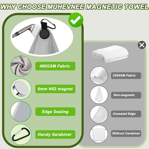 Magnetic Golf Towel-Max N52 Industrial Magnet, over than 60 LB Pull , with Rubber Cover and Carabiner, 24x16inch Lager Size, Non-abrasive and Lint Free, Strong Hold to Golf Carts or Clubs - Grey