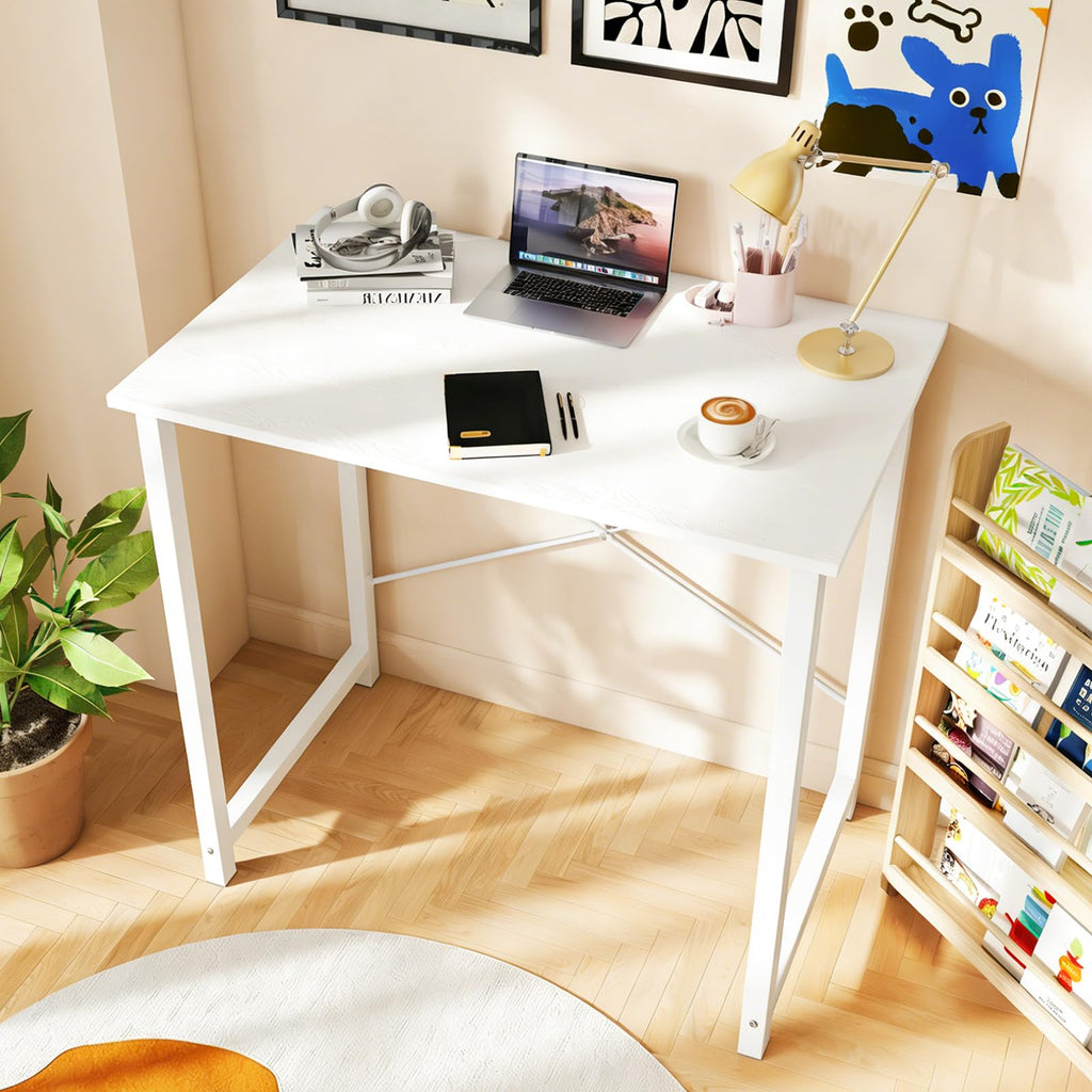Sweetcrispy Computer Small Desk, 32 Inch Office Writing Work Study Student Home Bedroom Table with Metal Frame Wooden Tabletop No Wheels - White Wood Compact