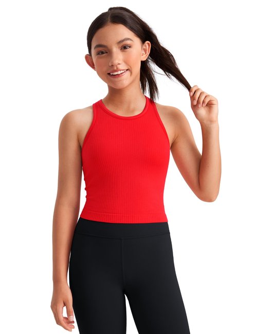 CRZ YOGA Girls Seamless Ribbed Longline Sports Bra - Yoga Athletic Casual Tops High Neck Racerback Padded Kids Teen Deep Red Medium