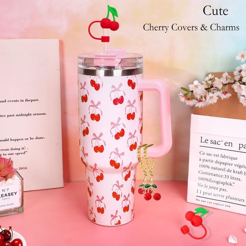 LUHOHI 4Pcs Red Cherry Charms Accessories for Stanley Cup, 3D Cherry Straws Toppers 10mm Cute Reusable Silicone Covers Fruit Set for Stanley 40 30oz Tumbler Handle Water Bottle Decorations