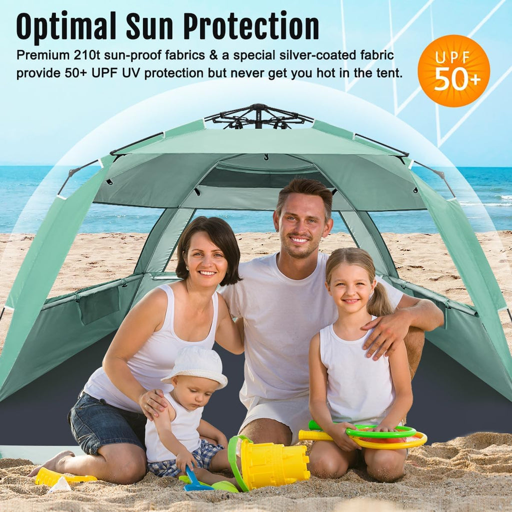 WhiteFang Deluxe Beach Tent - UV Protection Sun Shade Shelter for 3-6 People | Extendable Floor & Ventilating Windows