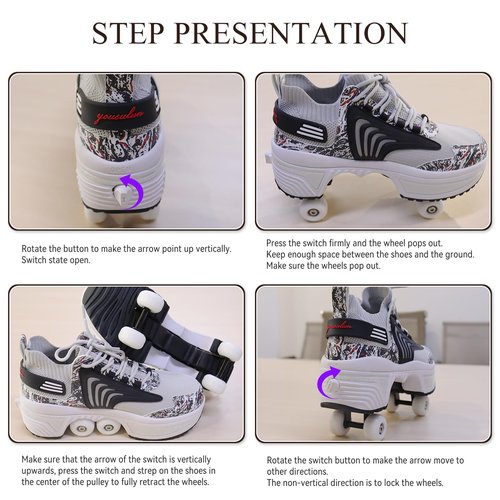 Roller Skate Shoes for Women Kids Roller Shoes Boy Girl Sneakers with Retractable Wheels Breathable Roller Skates Shoes for Christmas Birthday Children Show Gift (Black, 7.5)