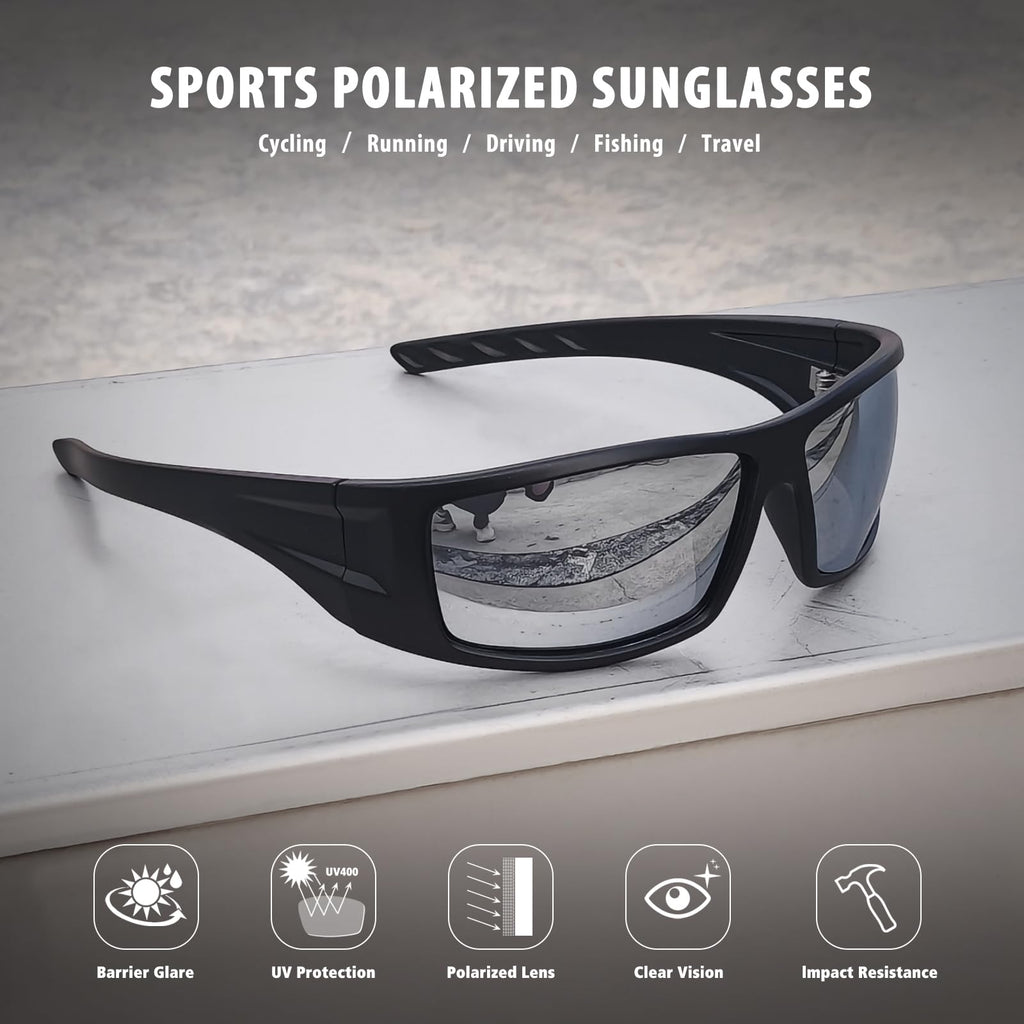 Ofwin Polarized Sports Sunglasses for Men Women Unbreakable Frame Cycling Fishing Wrap Around Sunglasses UV400 Protection Black Frame/Silver Mirror Lens