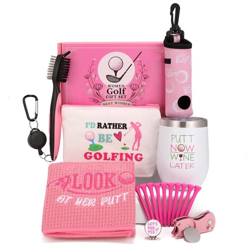 20 Pcs Pink Golf Accessories Kit Include Wine Tumbler Hat Clip Golf Tees Towel Makeup Bag Ball Bag with Hook Cleaner Brush Divot Tool with Magnetic Ball Marker Gifts Set for Women Ladies Golfer