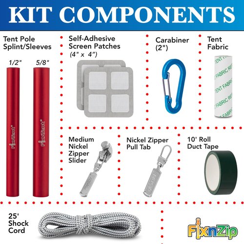 FixnZip FixATent Essentials | Complete Tent Repair Kit with Zipper Slider, Pole Splints, Shock Cord, Screen Patches, Duct Tape & Carabiner | All-in-One Camping Gear Repair & Emergency Tent Fix Kit