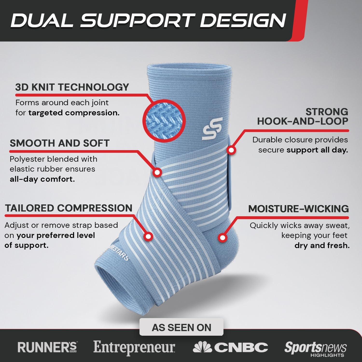 Stars Ankle Brace - Compression Sleeve for Sprained Ankle Relief | Customizable Support in Light Blue (L: 12"-13")