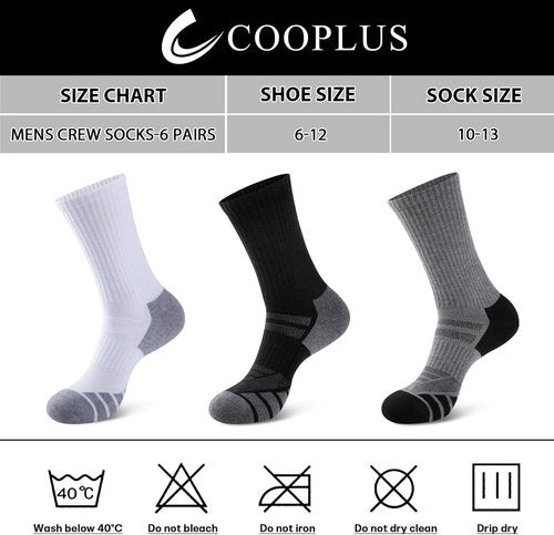COOPLUS Men's Performance Crew Socks - Heavy Cushion Athletic Work Socks | 5 Pairs