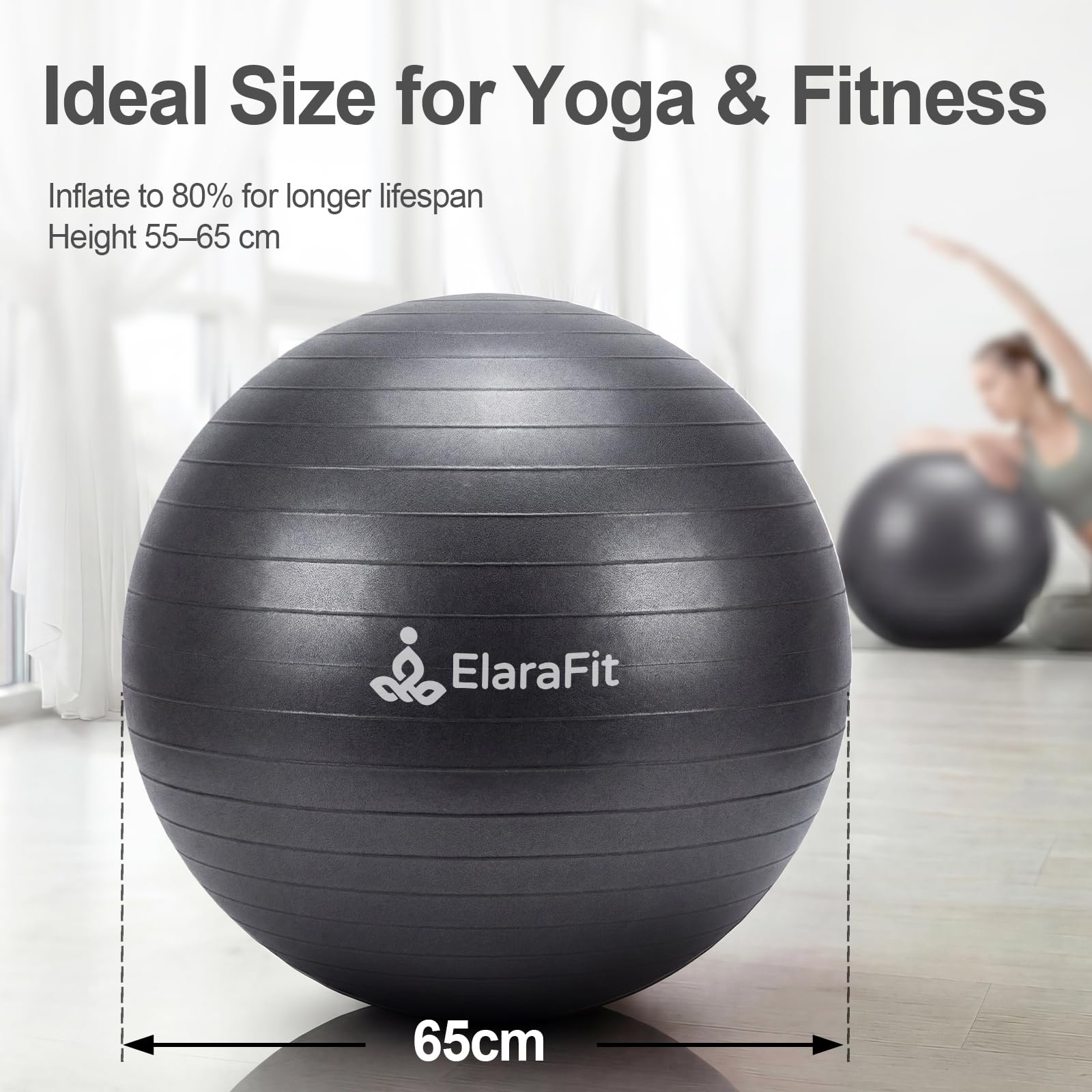 ElaraFit Anti Burst Large Exercise Ball for Yoga Non Slip Pilates Ball with Pump 550 lbs Capacity for Pregnancy, Fitness Size L 23 to 26 inches, About 58 to 65cm (Black)
