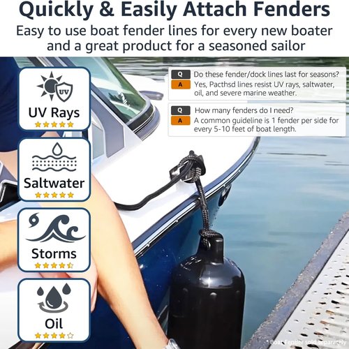 Marine Grade Nylon Boat Fender Lines by [Brand Name] - 4 Pack 1/2" x 6' with 10" Loop for Easy Docking - Fray Resistant & Double Braided - Black