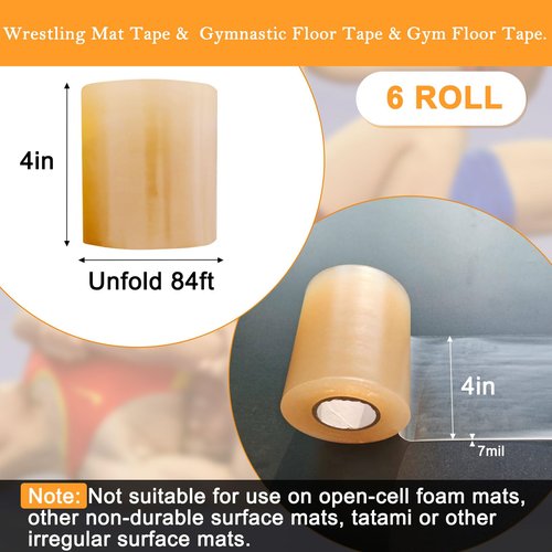 Wrestling Mat Tape Carpet-Tape - 6 Rolls 4 Inches x 84 Foot PVC Gymnastics Floor Tape, Seam Cover Tape for Wrestling Grappling Exercise Mats, 7 Mil Heavy Duty Carpet Tape,