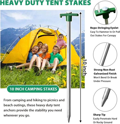 Eurmax USA Galvanized Tent Stakes - Heavy Duty Rust-Proof Steel Anchors for High Winds | 10-Pack with Ropes