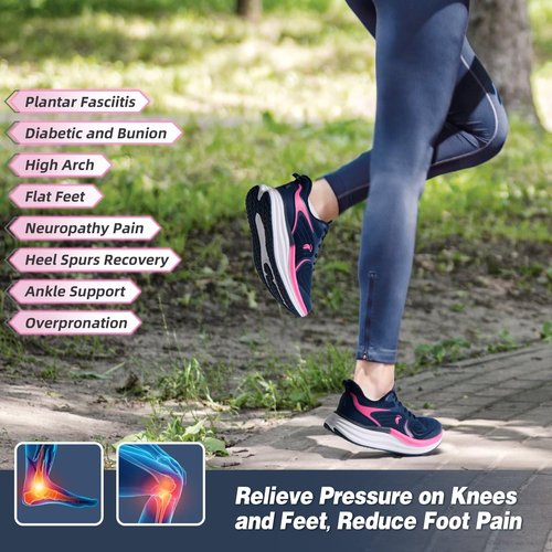 Women's Orthopedic Slip On Wide Road Running Shoes: Comfort Plantar Fasciitis Hammer Toes Arch Support Neuropathy Walking Shoes, High Arch Biking Leisure Trail Sneakers Rose Size 7.5