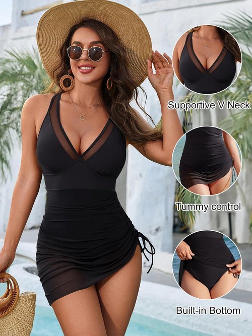 Blooming Jelly One-Piece Swim Dress - Tummy Control & Slimming Mesh Sheer Sarong Wrap | Elegant Bathing Suit