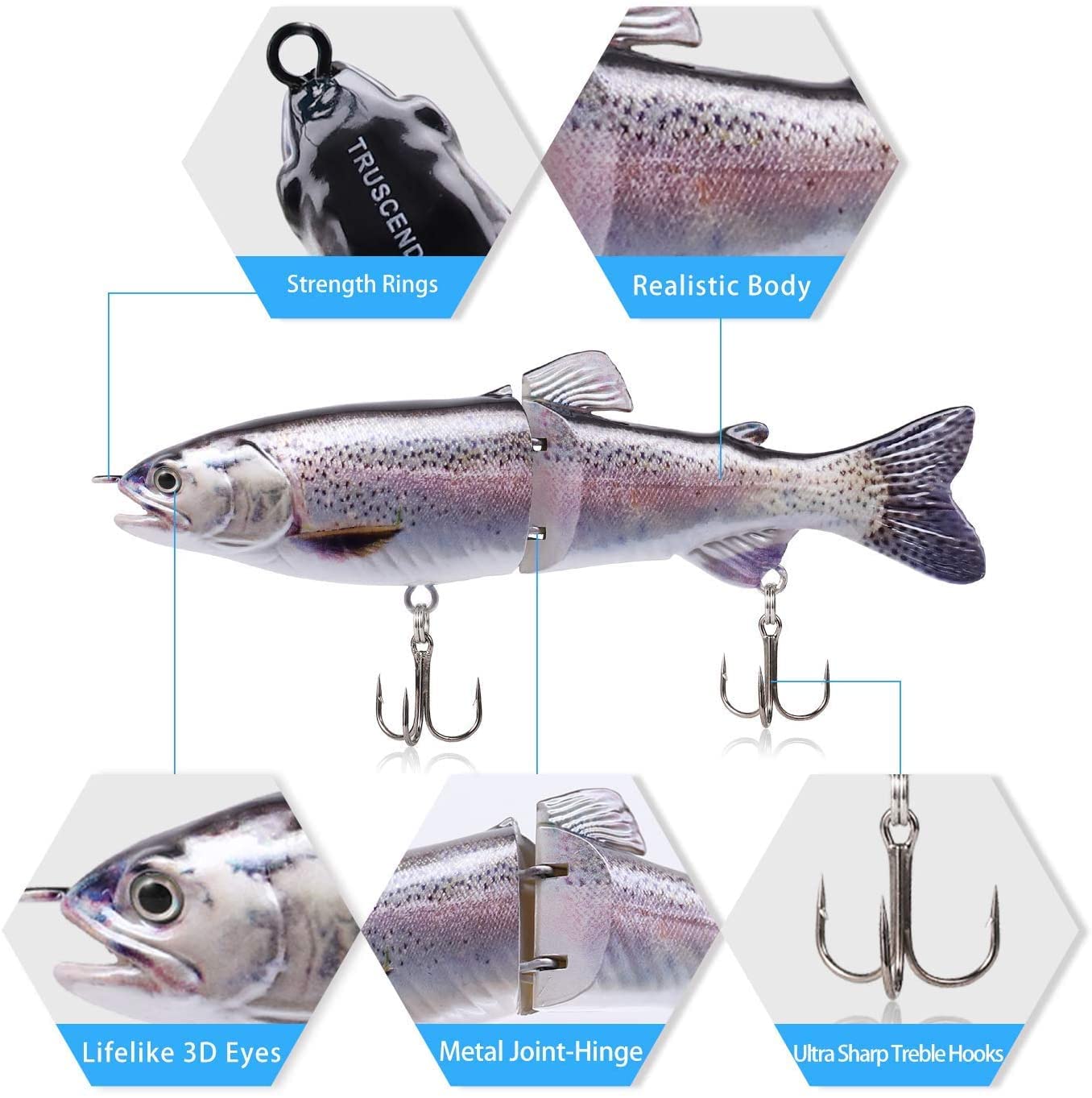 TRUSCEND Easy Catch SwimMax with BKK Hooks, Magic Noisy Wiggling and Vibrating Actions for More Bites, Lifelike Fishing Lures for Bass Trout Walleye Crappie, Strongest Dyneema Fiber Jointed Swimbaits