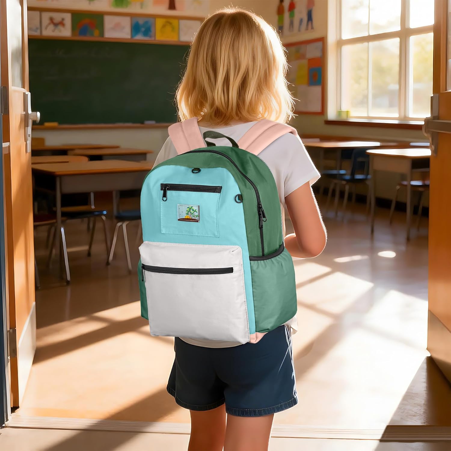 Skiennix Kids Backpack - Stylish Bookbag for Boys & Girls Ages 6-8 | Green & Grey Design