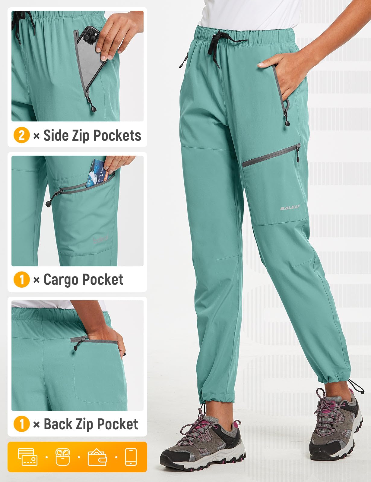 baleaf Women's Hiking Pants Quick Dry Lightweight Water Resistant Stretch Cargo Pants with Zipper Pockets Travel Camping 29''-Pond S