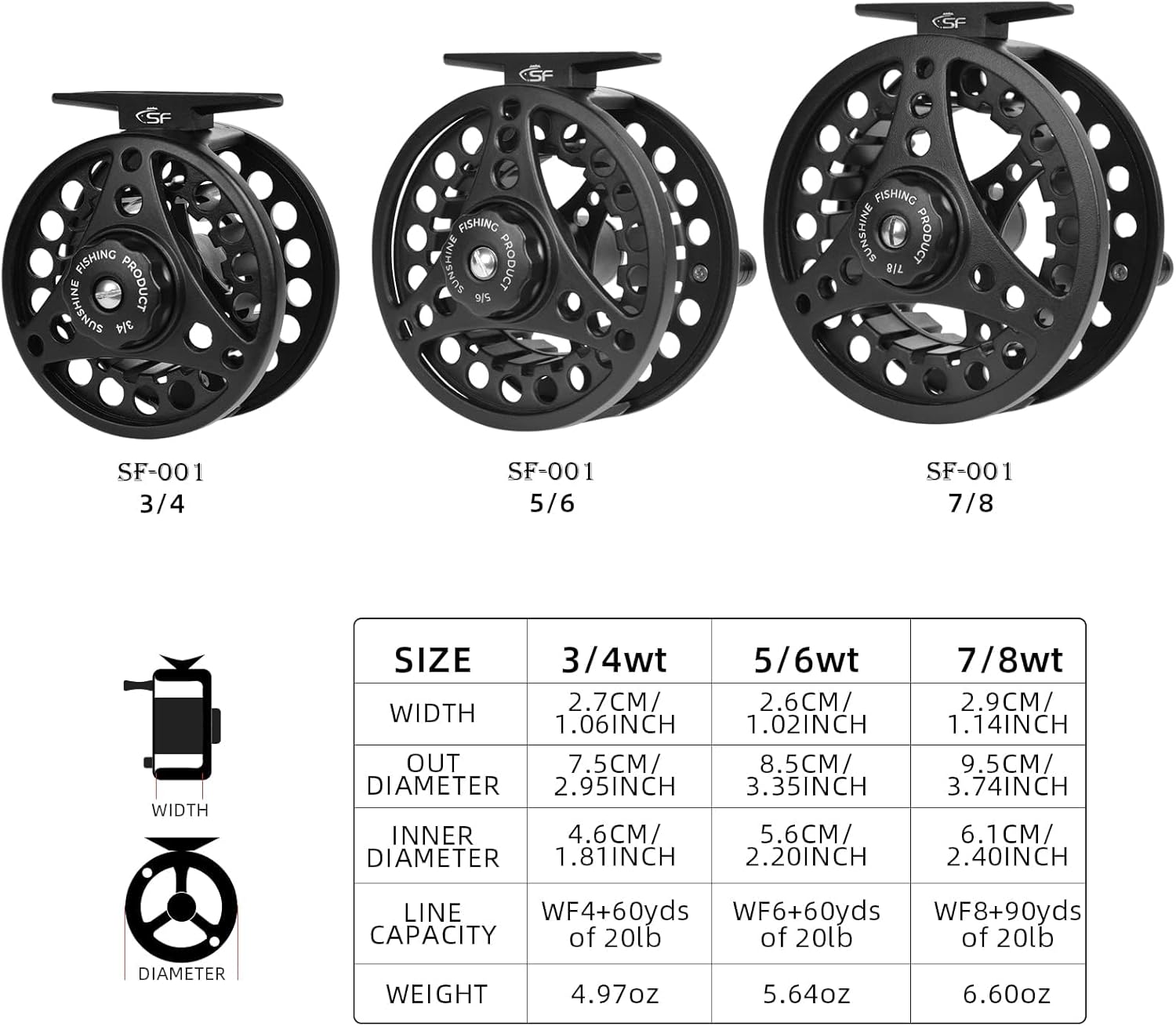 SF SF-001 Large Arbor Fly Fishing Reel with Aluminum Alloy Body 3/4wt 5/6wt 7/8wt Die Cast Pre-Loaded Fly Reel with Line Combo for Trout Bass Carp Pike Panfish