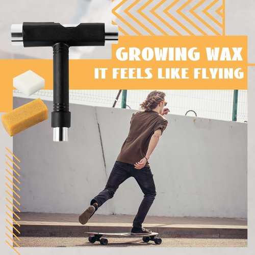 Threlaco 3 Pcs All in One Skate Tool Set Multi Function Portable Skateboard Tool with Skateboard Wax and Cleaner 2 in 1 T Type Allen Key and L Type Head Screwdriver for Gift(Metal Socket)