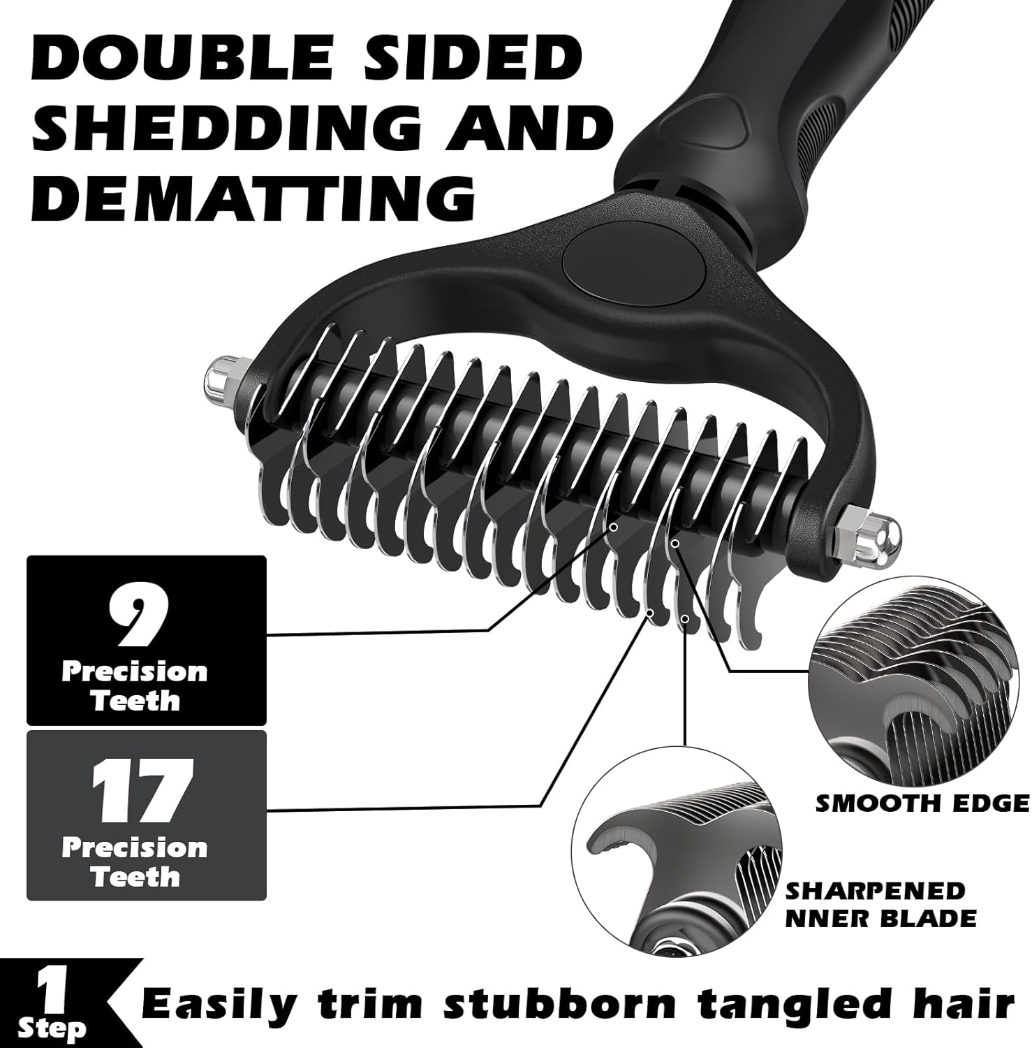 Skiennix 3PCS Pet Grooming Set - Self-Cleaning Slicker Brush, Rake & Flea Comb for Dogs, Cats & Horses | Black