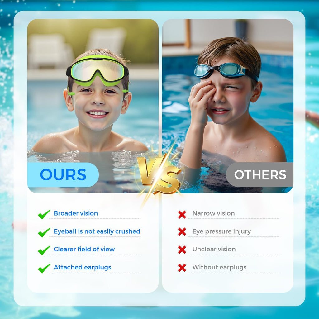 Skiennix Swim Goggles for Kids 3-15 - Large Frame, Anti-Fog & UV Protection | Includes Earplugs, 2PCS