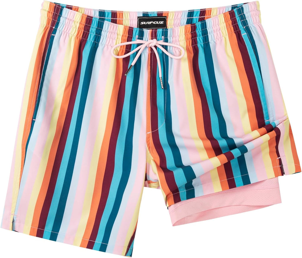 Surf Cuz Men's Swim Trunks - Quick Dry Compression Liner with Zipper Pockets | Beige Vintage Stripes, XS