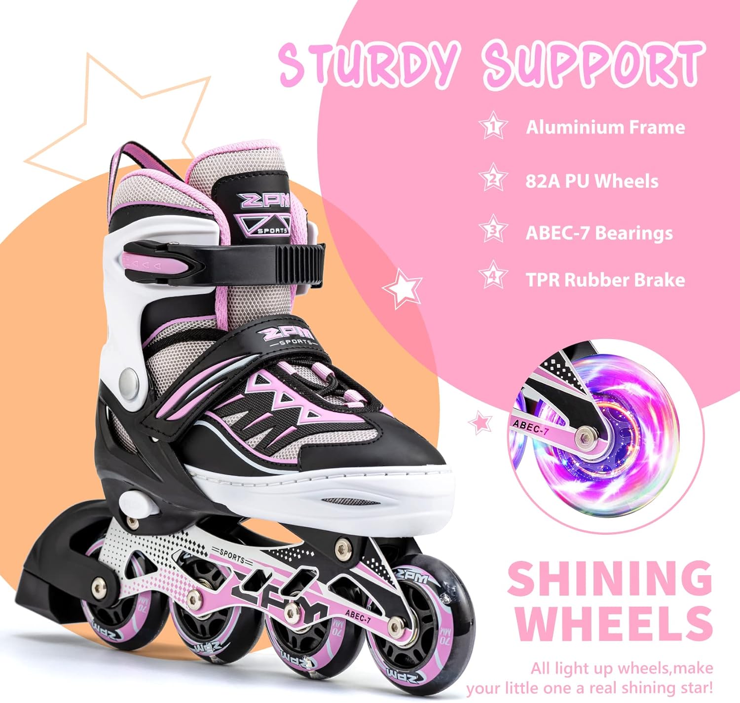 2PM SPORTS Cytia Pink Girls Inline Skates - Adjustable Light-Up Wheels for Fun & Safety