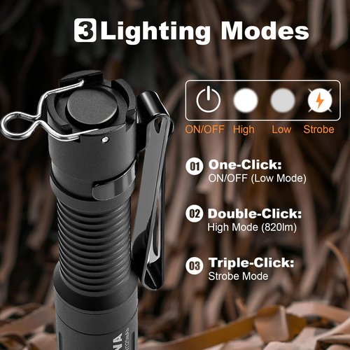 PowerTac E3R Nova 820 Lumen Mini Keychain Flashlight - USB-C Rechargeable, Swivel-Covered Charging Port, IPX8 Waterproof, Dual-Way Clip, Compact EDC Light for Camping, Hiking, Everyday Carry