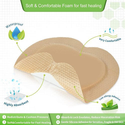 Sacrum Silicone Foam Dressing with Gentle Border for Sacral Ulcer, Pressure Ulcer, Butt Bed Sore, Size 7''x7'' (4.9''x5.3'' Pad), 5 Pack, High Absorbency Silicone Adhesive Wound Bandage by NeuHeils