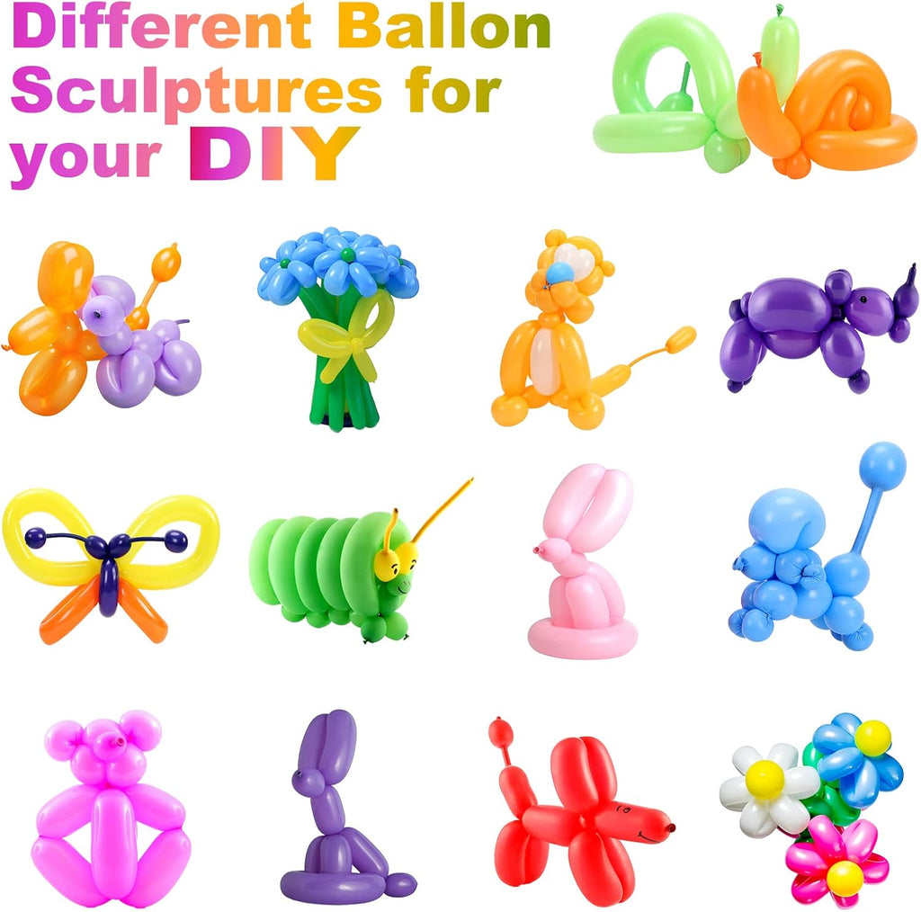 Skiennix 260Q Balloons Kit - 100 Premium Latex Twisting Balloons with Pump for Kids' Parties & Events