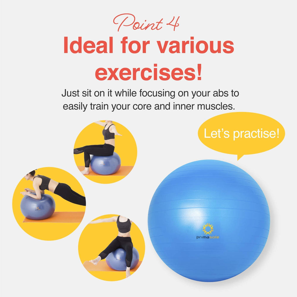 Primasole 65cm Anti-Burst Yoga Ball for Pilates, Core Strength, Pregnancy & Office Chair - Stability Ball for Home & Gym Workout (25.6 Inch, Blue)‌