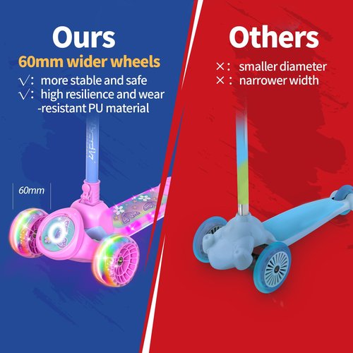 Nattork Kids Scooter with Light Up Wheels, Deck and Headlight, Wide Anti-Slip Deck and T-bar Handle with Rear Foot Brake, Adjustable Height 3 Wheel Scooter for Kids Ages 3+ and up to 220Lbs- Purple