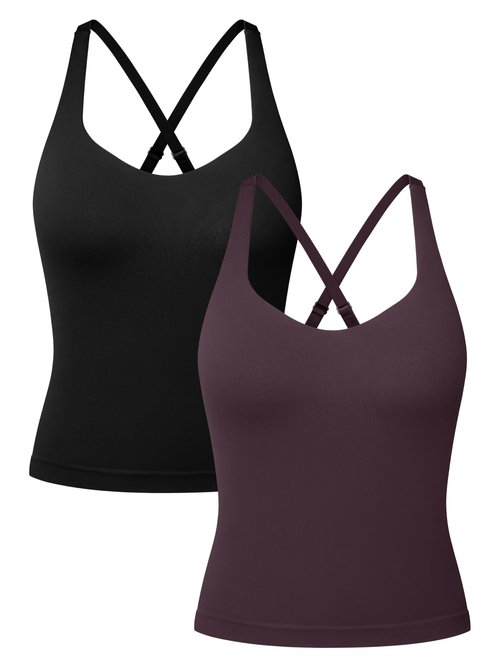 OQQ V Neck Cross Back Sports Bra for Women Padded Adjustable Straps Medium Impact Gym Workout Tank Top 2 Pack Black Darkpurple