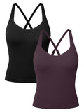 OQQ V Neck Cross Back Sports Bra for Women Padded Adjustable Straps Medium Impact Gym Workout Tank Top 2 Pack Black Darkpurple