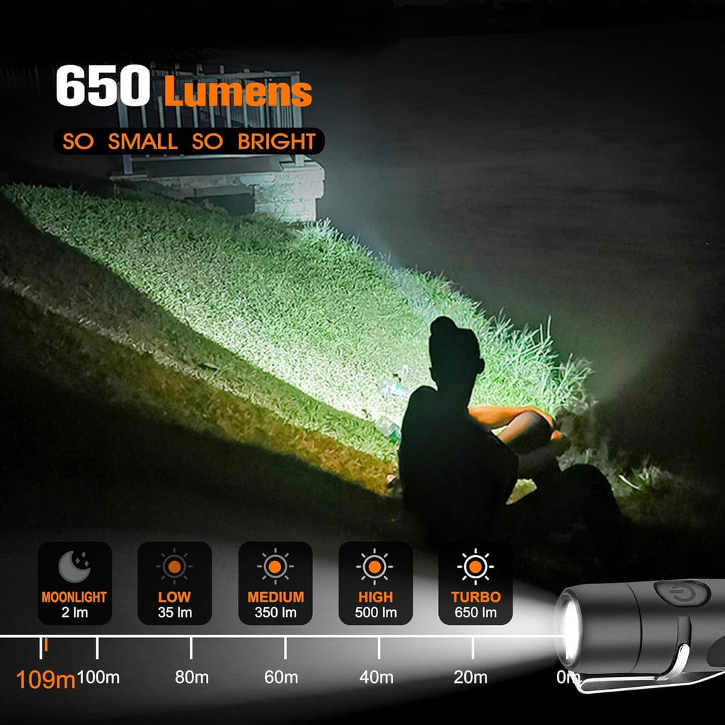 Skiennix Rechargeable Keychain Flashlight - 650 Lumens Mini EDC Light for Camping & Emergencies | Black