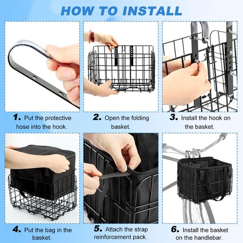 NINEFOX Folding Bike Front Basket with Removable Liner Bag, Black, Steel + Oxford Cloth, Handlebar/Rack Mount, 13.39x7.87x9.06inch, 20kg Capacity