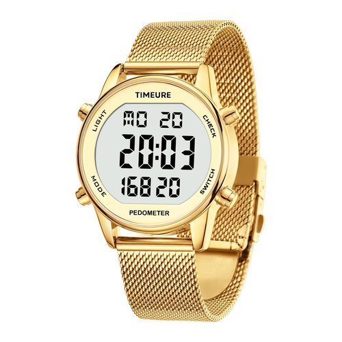 TIMEURE Women's Step Counter Watch with Stainless Steel Bracelet, Stylish Design, No App, No Charging Needed for Step, Calorie, Distance, Alarm, Countdown Timer，TU-2401(Gold)