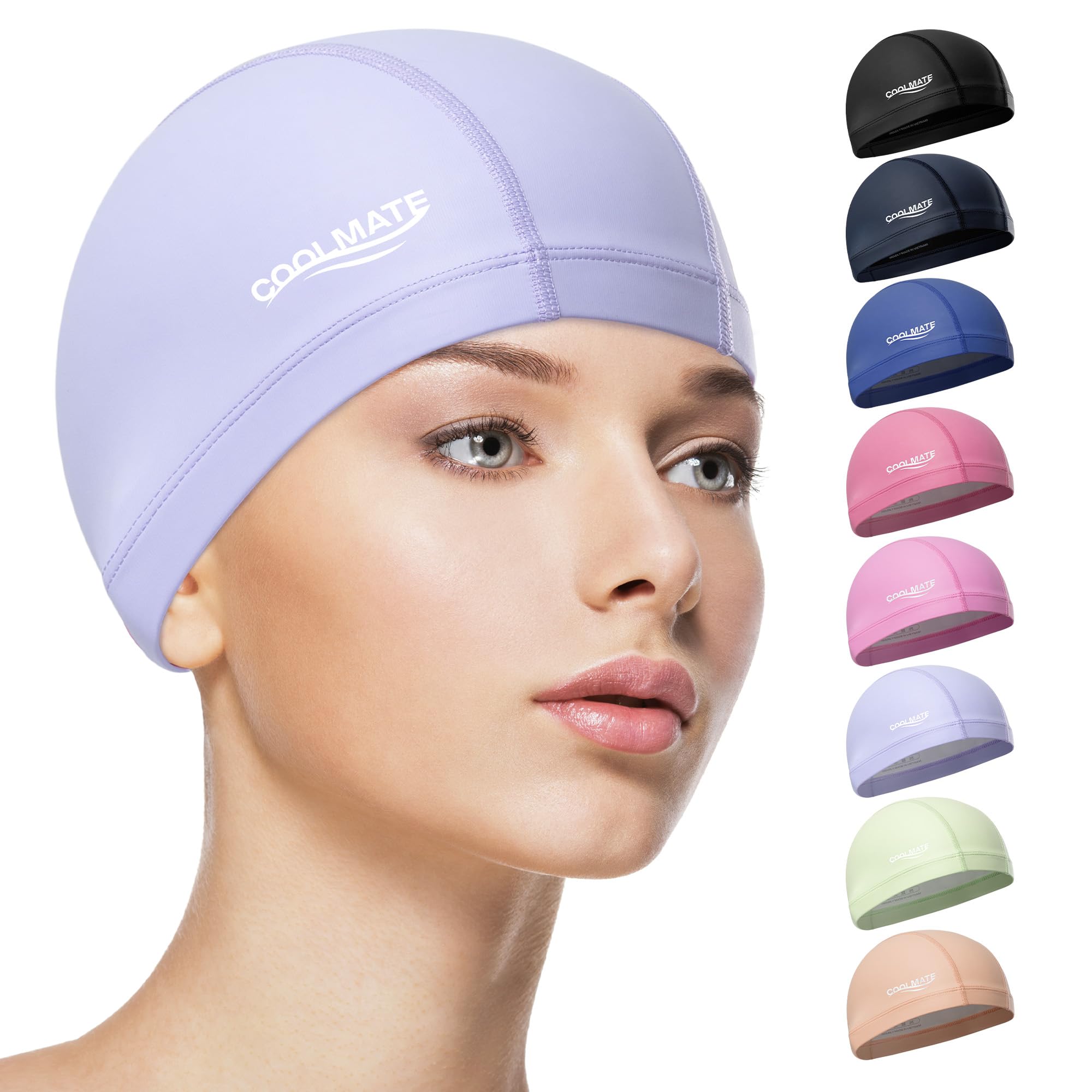 COOLMATE Fabric Swim Cap for Adult Women, Silicone Water Resistant Layer, Cloth Swim Cap Gifts for Swimmers, Lightweight and Comfortable for Pool, Lap Swimming (Light Purple, M)