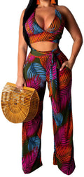 Green Floral Print 2-Piece Outfit Set for Women – Strapless Top + Wide-Leg Pants, Variation: Green Large
