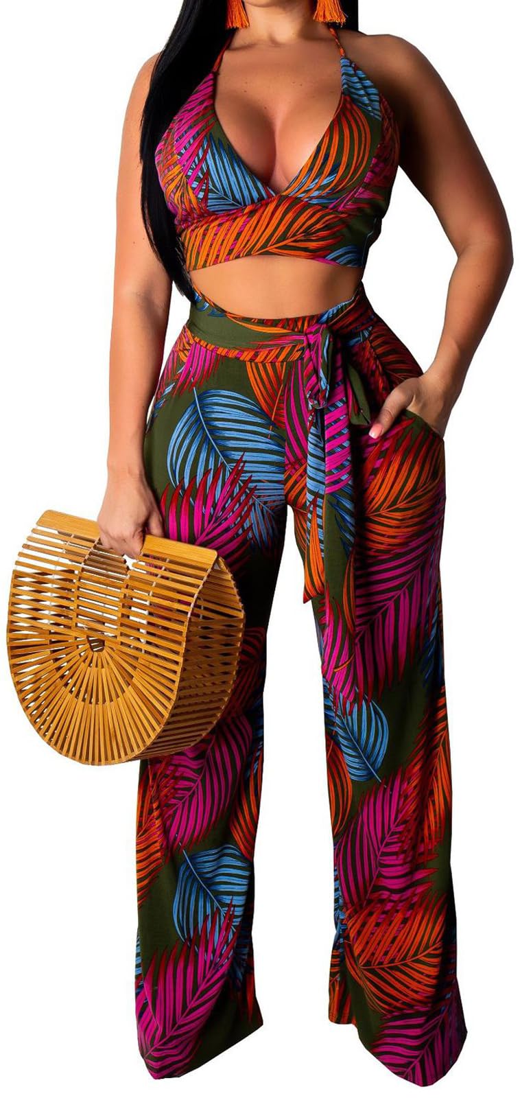Green Floral Print 2-Piece Outfit Set for Women – Strapless Top + Wide-Leg Pants, Variation: Green Large