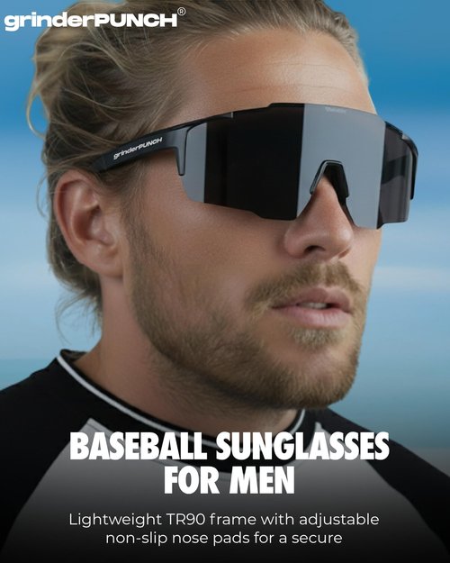 grinderPUNCH UV 400 Sports Sunglasses Cycling Glasses, Biking Goggles Running Hiking Golf Fishing Driving (Black Silver Mirrored)