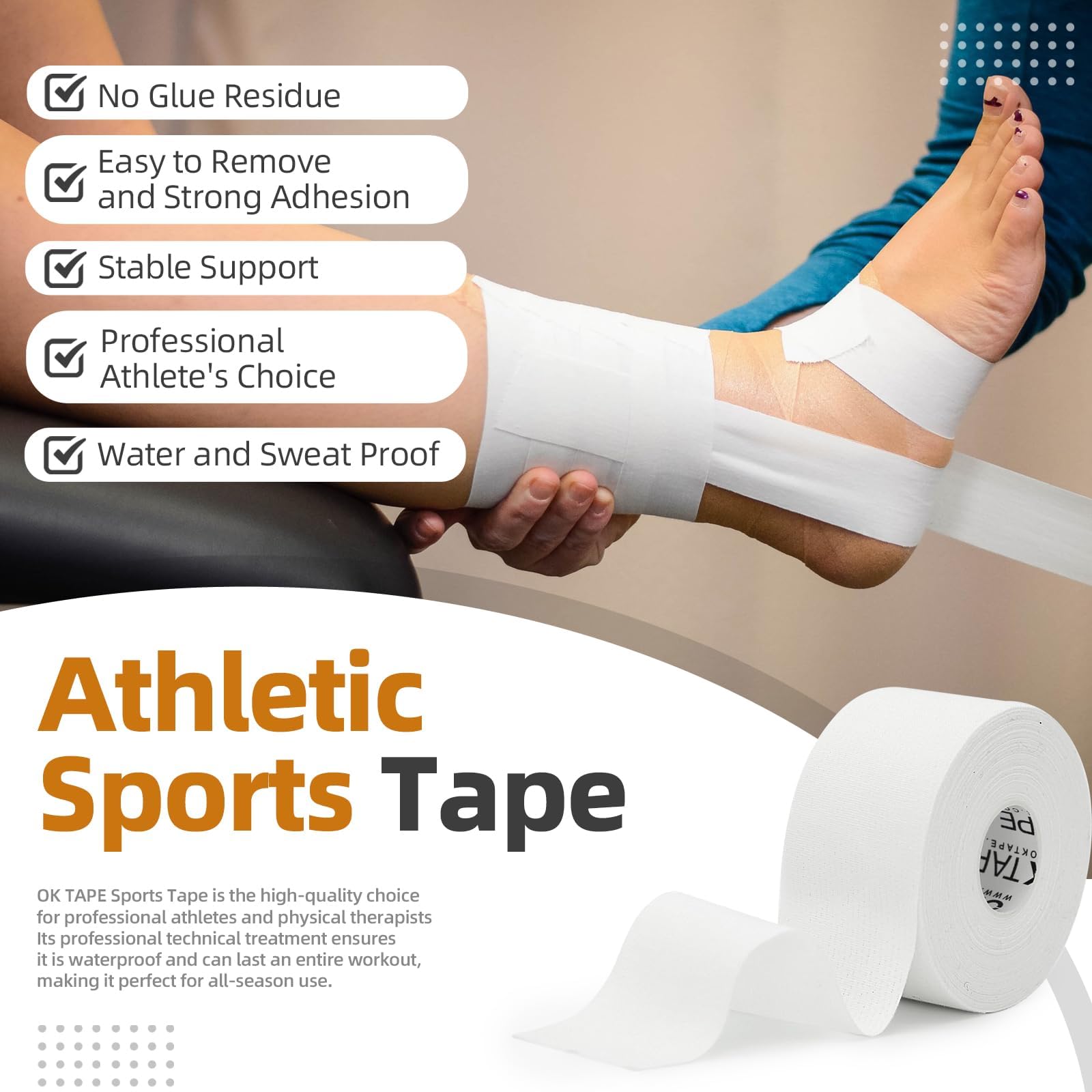 OK TAPE 12 Rolls Athletic Tape, Sports Tape for Injuries, Rigid, Easy Tear Medical Tape, Wrist Tape, No Sticky Residue | Secure Ankle, Finger, Knee- 1.5inch x 15yards (White)