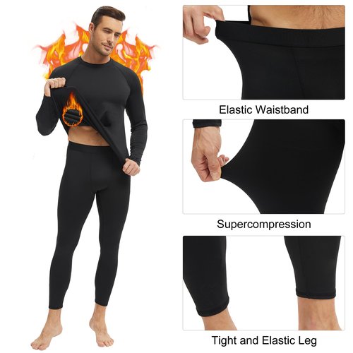 HovSiyla Men's Thermal Underwear Long Johns Fleece Lined Compression Pants Shirts Tops Athletic Base Layer Set Cold Weather Black Medium